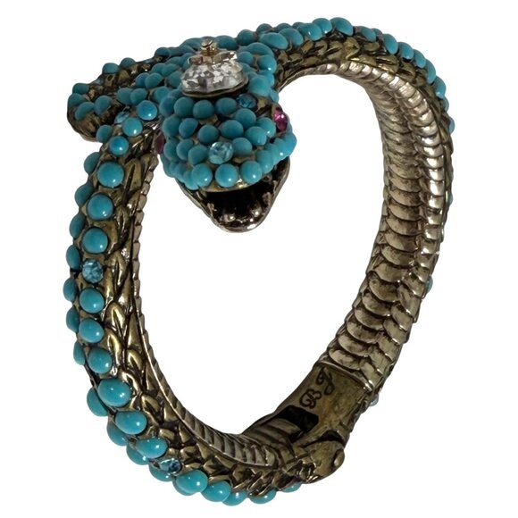 VTG Betsey Johnson Gold-Tone Crowned Snake Bracelet Faux Turquoise +Rhinestones - Picture 3 of 8